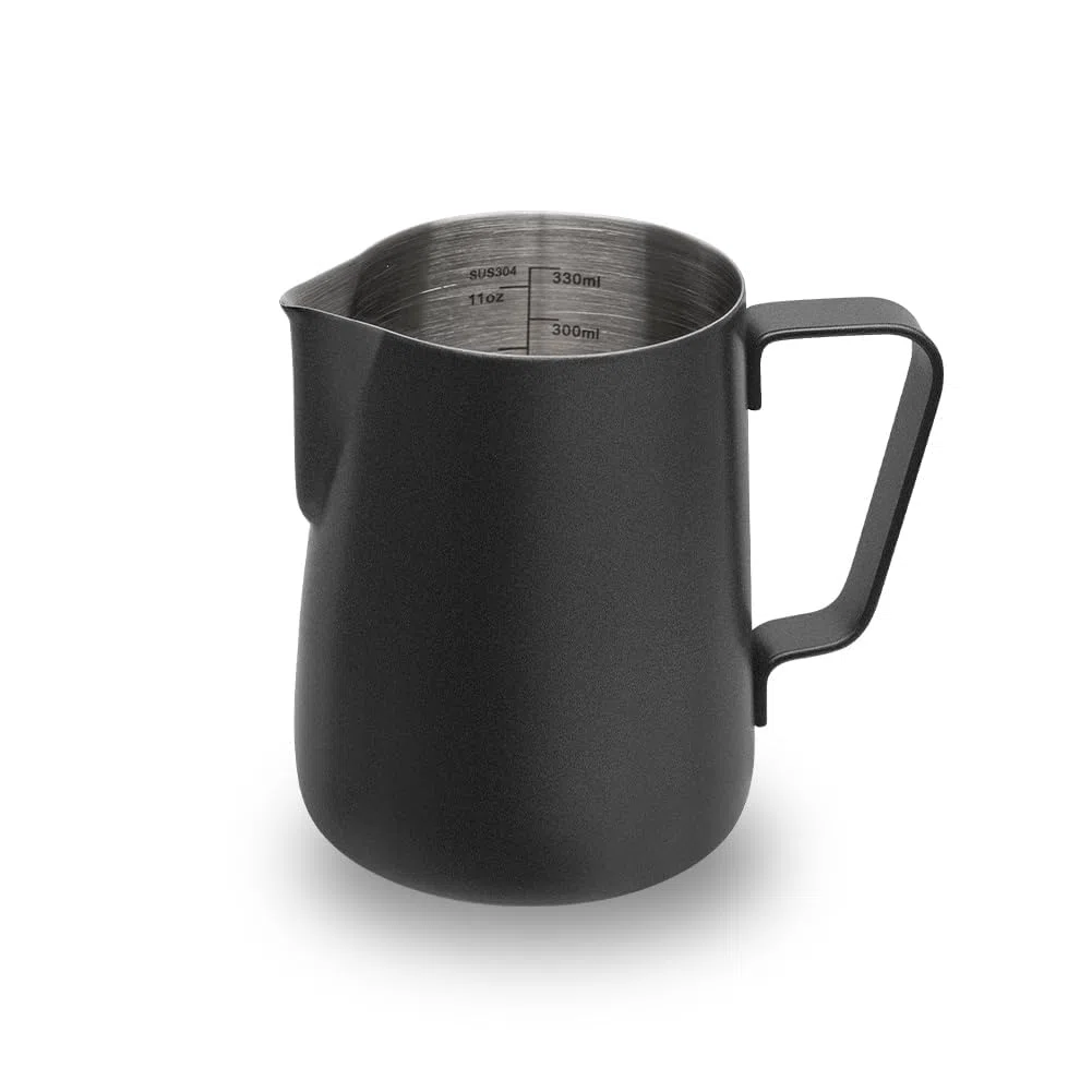 watchget - Jarra de espuma de leche de 350 ml, jarra de acero inoxidable para espumar leche, capuchino, latte, accesorios para máquina de café, jarra de leche, taza espumadora de leche, color negro