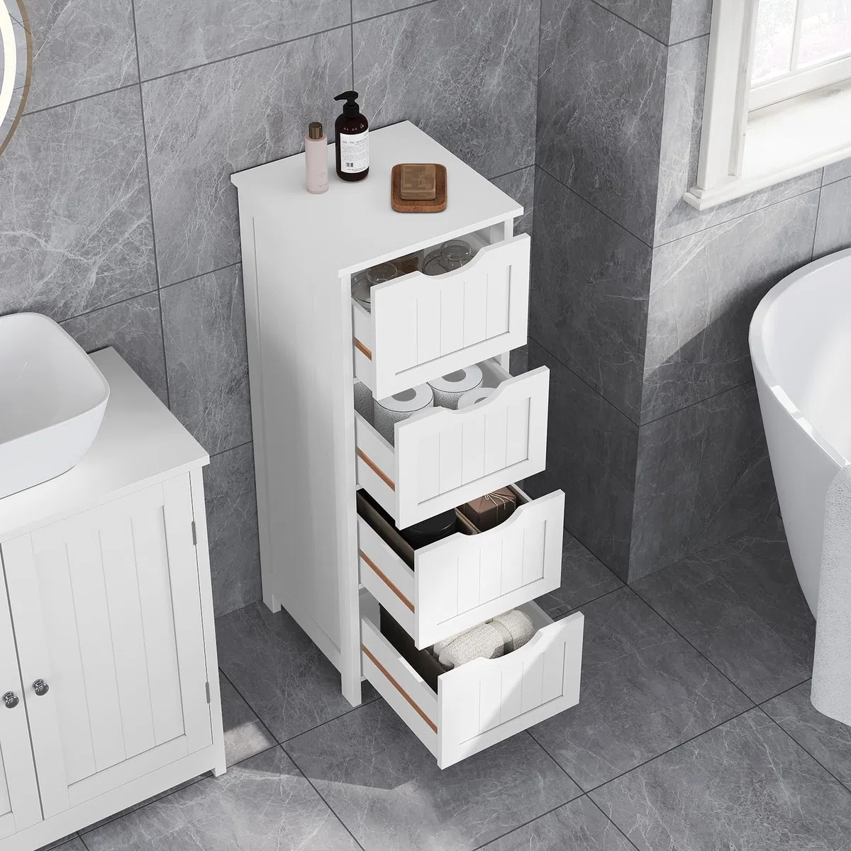 eSituro Armario de Suelo para Baño Auxiliar Pequeño Mueble Organizador de Cajones Laterales con 4 Cestas MDF Blanco 28 x 29 x 82 cm