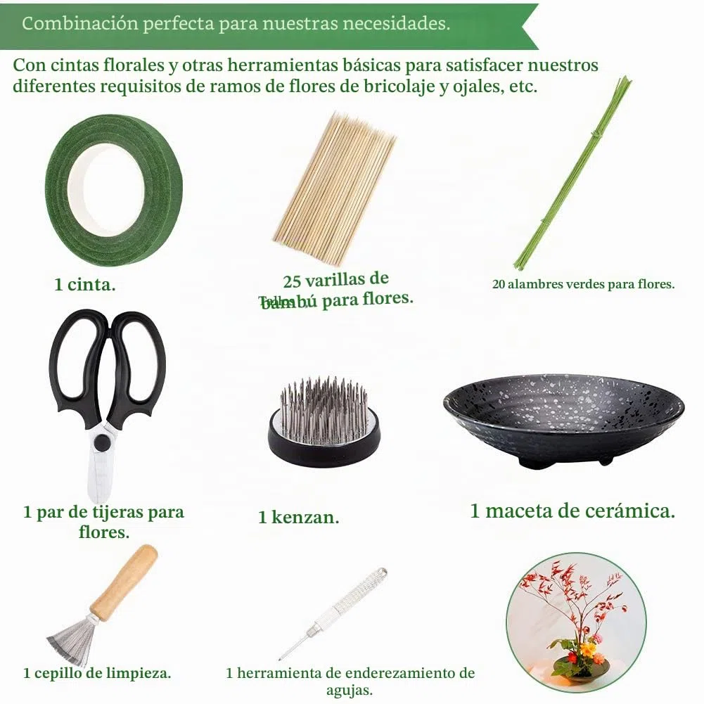 WANDIC Kit de arreglos Florales, Juego de 51, Soportes Redondos para Flores, Maceta de cerámica, Pin y rastrillo de Limpieza de Agujas Kenzan, Tallos Florales y Cinta Floral para Arte de arreglos