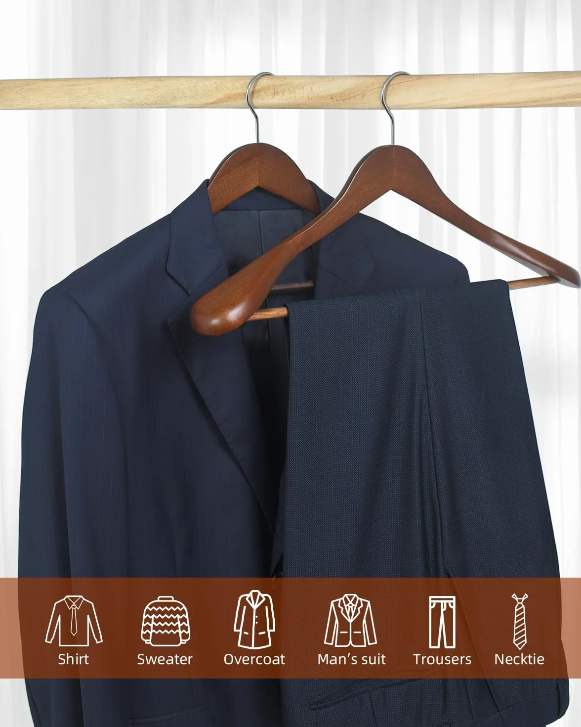 Hangerman 10pcs Perchas de Madera Perchas con Barra de Pantalones Antideslizante Naturaleza Perchas para Abrigos,Trajes(10pcs Perchas con Hombros Extra Anchos) ，Nogal