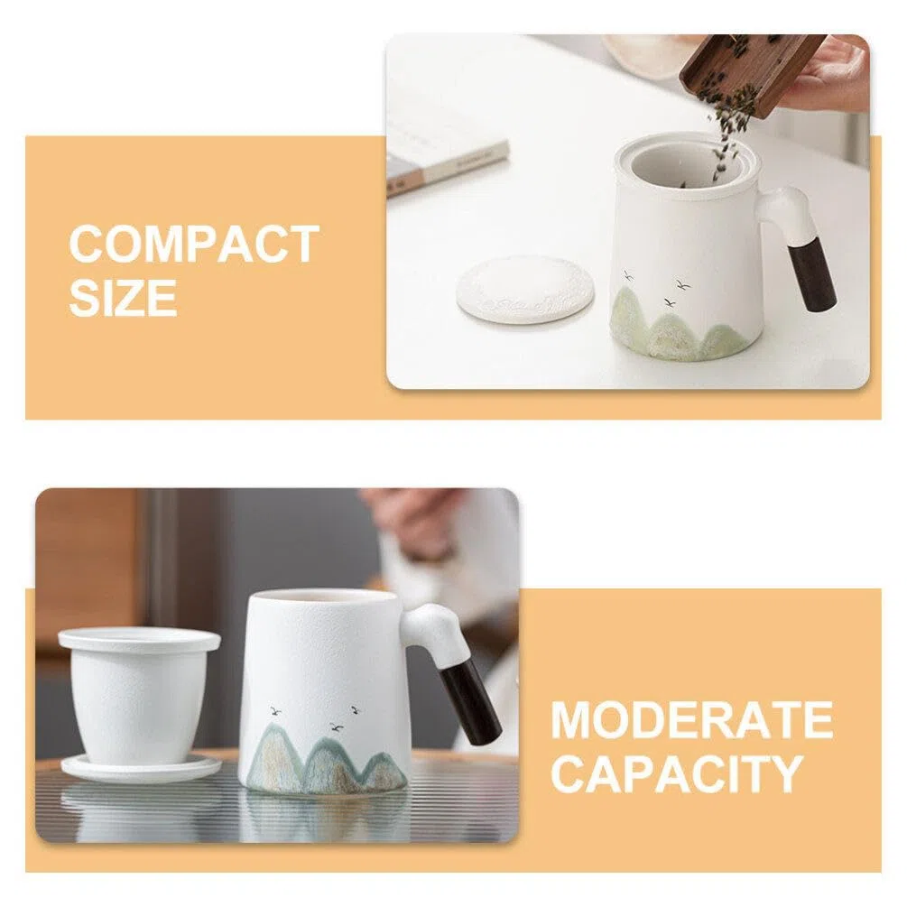 Taza de Cerámica con Infusor y Tapa para Infusiones de Té, Diseño Ligero y Mango de Madera, Adecuada para Uso en Escritorio y Aficionados al Té