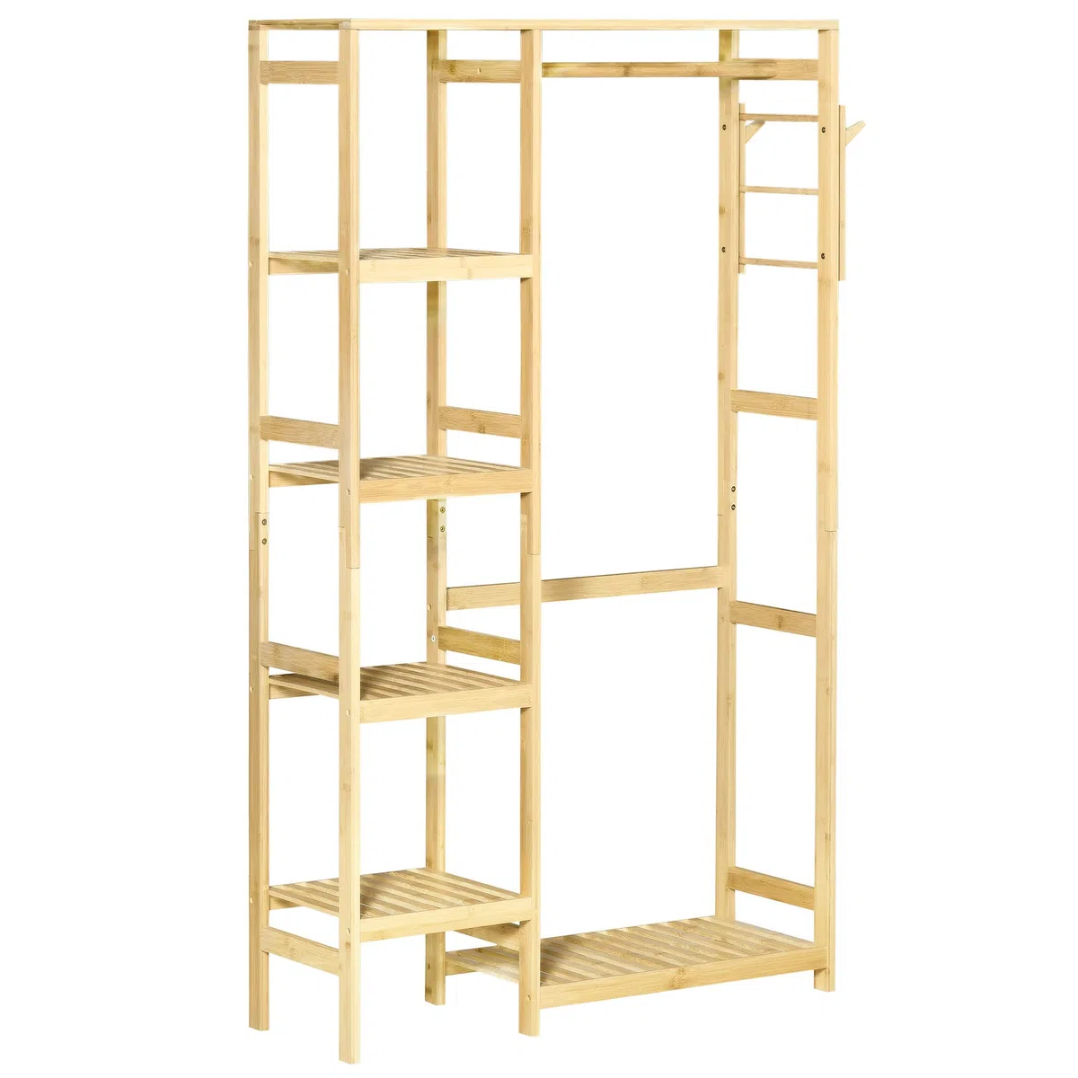HOMCOM Perchero Burro de Bambú de Pie con Estantería 90x30x155 cm Natural | 4 Niveles, Barra, Estante Inferior, Colgador Lateral, para Ropa Bolsas, Dormitorio