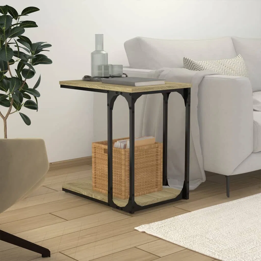 Mesa auxiliar de roble Sonoma, 50 x 35 x 52 cm, mesa de centro en forma de C, ahorra espacio, mesa de sofá de diseño industrial con estructura de metal y estante para salón