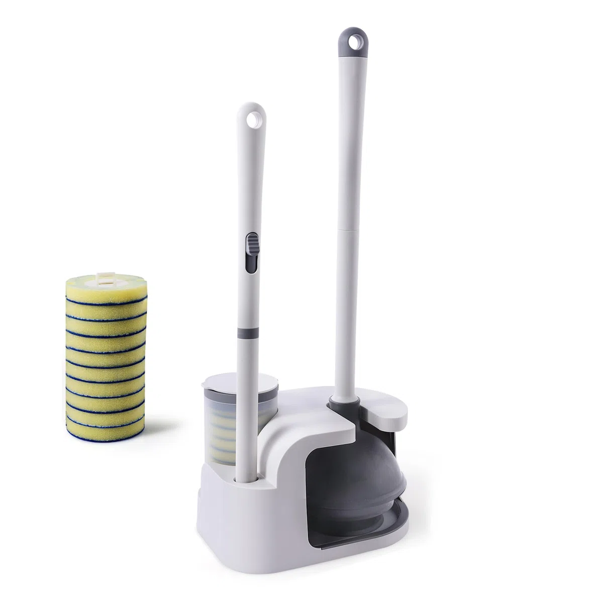 Eyliden Kit de varita de inodoro y émbolo, con 10 recambios, cepillo de inodoro desechable y émbolo con juego de soporte, cabezal de esponjas de limpieza de cambio rápido, juego de cepillos compactos