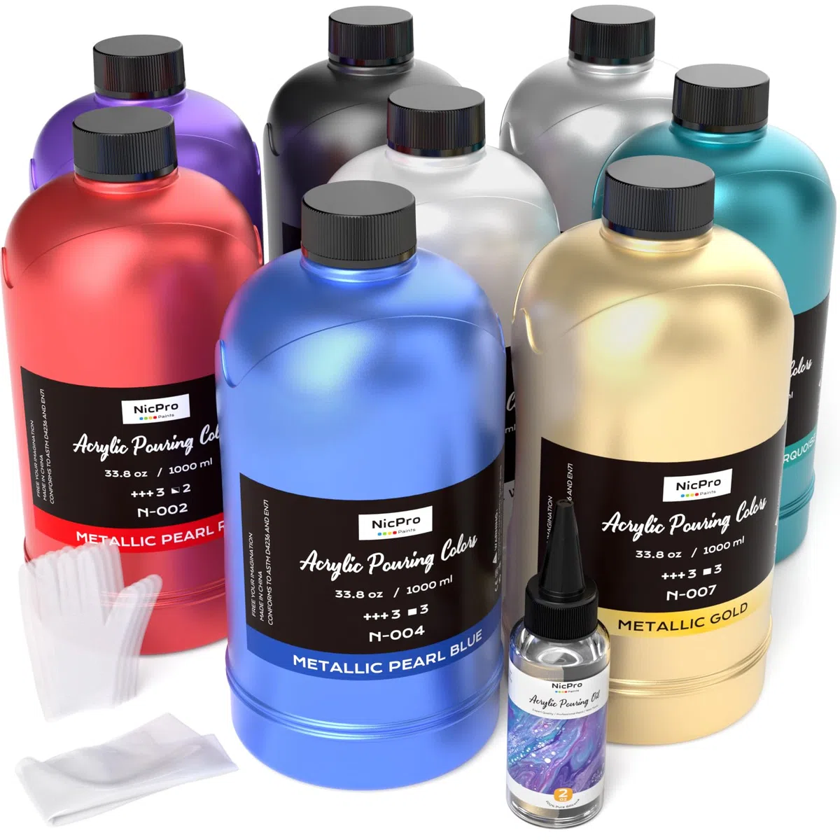 Nicpro Juego de pintura acrílica metálica grande de 8 colores (33.8 onzas, 1000 ml), kit de proveedor de pintura premezclada de alto flujo con aceite de silicona para verter guantes, manteles para