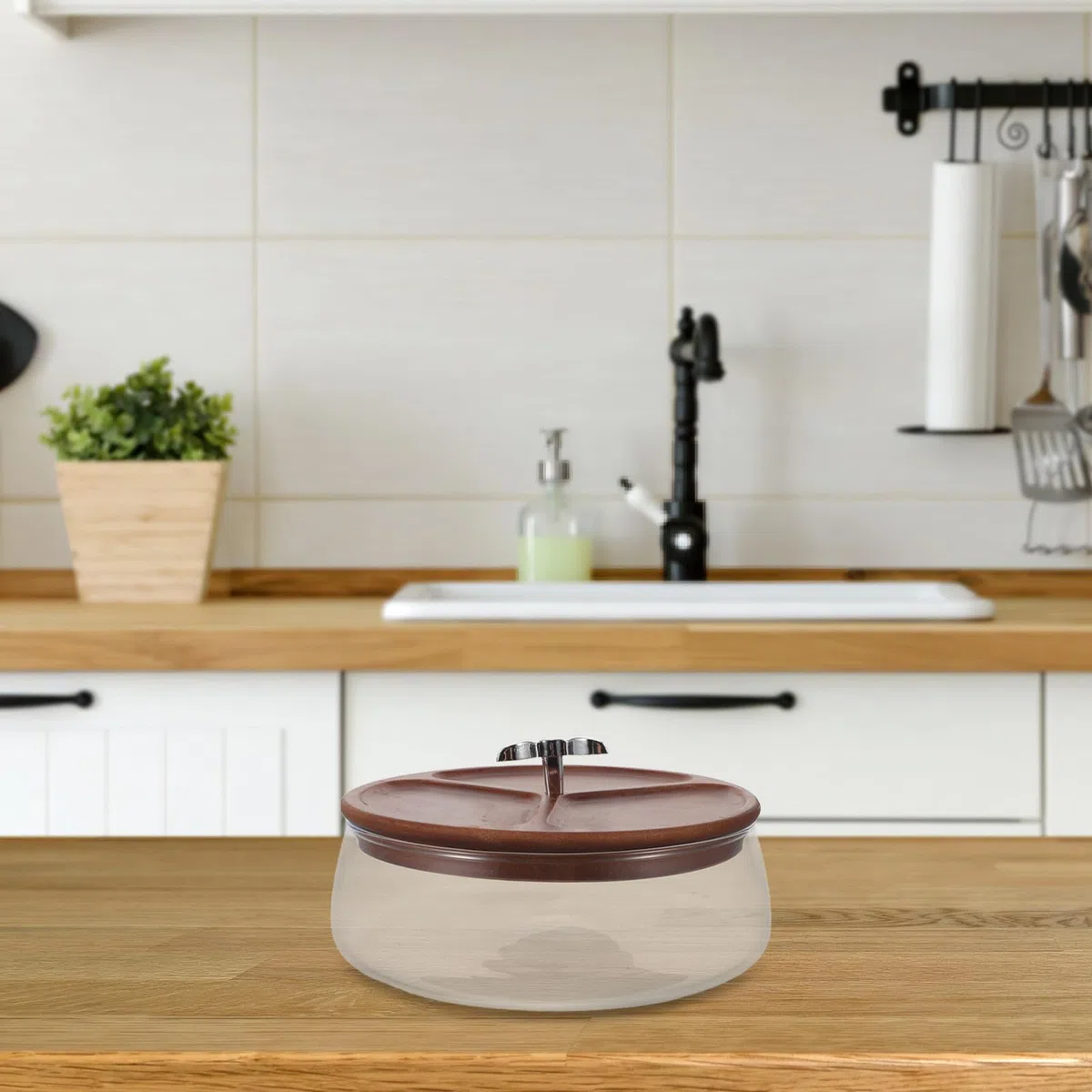 Cuenco de Vidrio para Aperitivos de 1200ml con Tapa de Madera | Cereales y Snacks, Uso en Cocina y Encimera, Diseño Decorativo, Elegante y Moderno