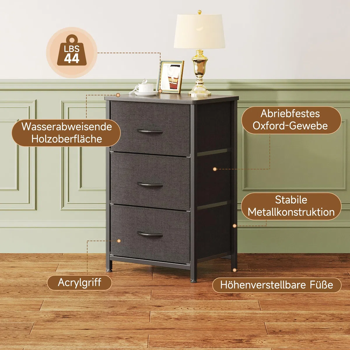 CAIYUN Cómoda de cabecera con 3 cajones, estrecho armario de tela, aparador con tablero de madera, almacenamiento para dormitorio, sala de estar, pasillo, diseño moderno, negro, ahorro de espacio