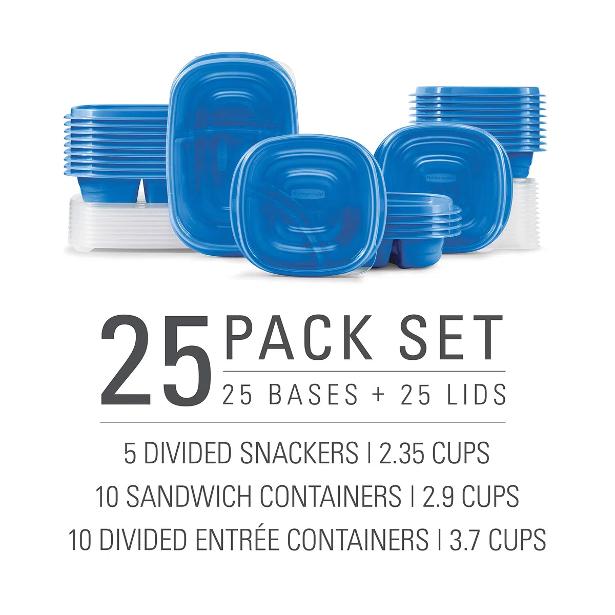 Rubbermaid 2117365 TakeAlongs On The Go - Recipientes de almacenamiento de alimentos y preparación de comidas, juego de 25 (50 piezas en total), color azul marino