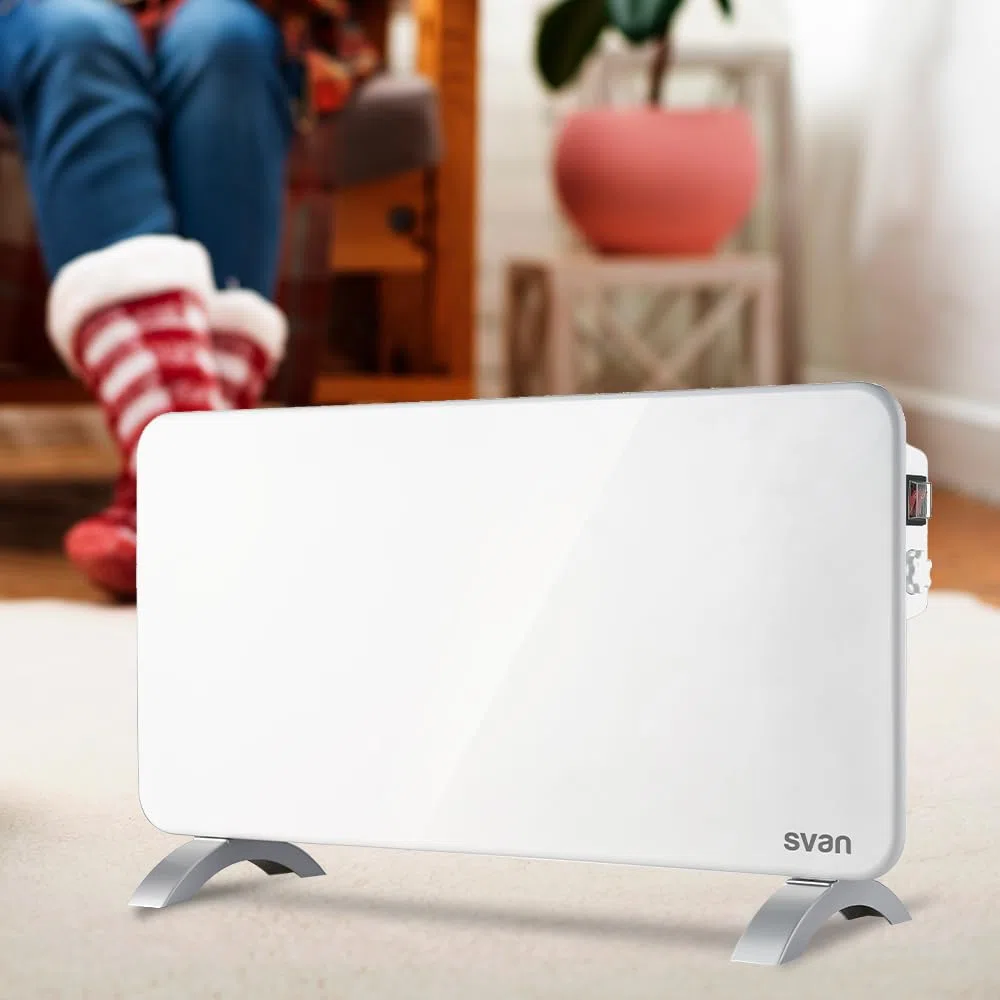 Svan Radiador Plano Eléctrico Bajo Consumo, 2 Niveles de Potencia, 2000 W, Termostato Mecánico, Protección Sobrecalentamiento, Soporte con Patas, Blanco