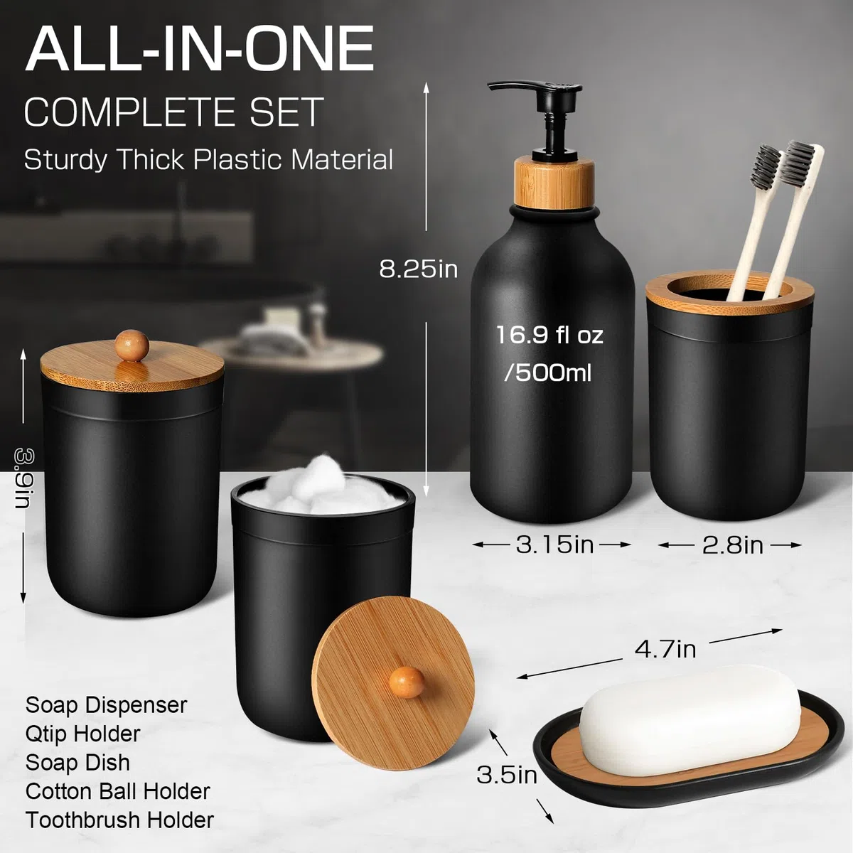 Juego de accesorios de baño negros de 5 piezas, accesorios de baño negro mate, dispensador de jabón de plástico y soporte para cepillos de dientes, jabonera, tarro de hisopo de algodón, juego de baño