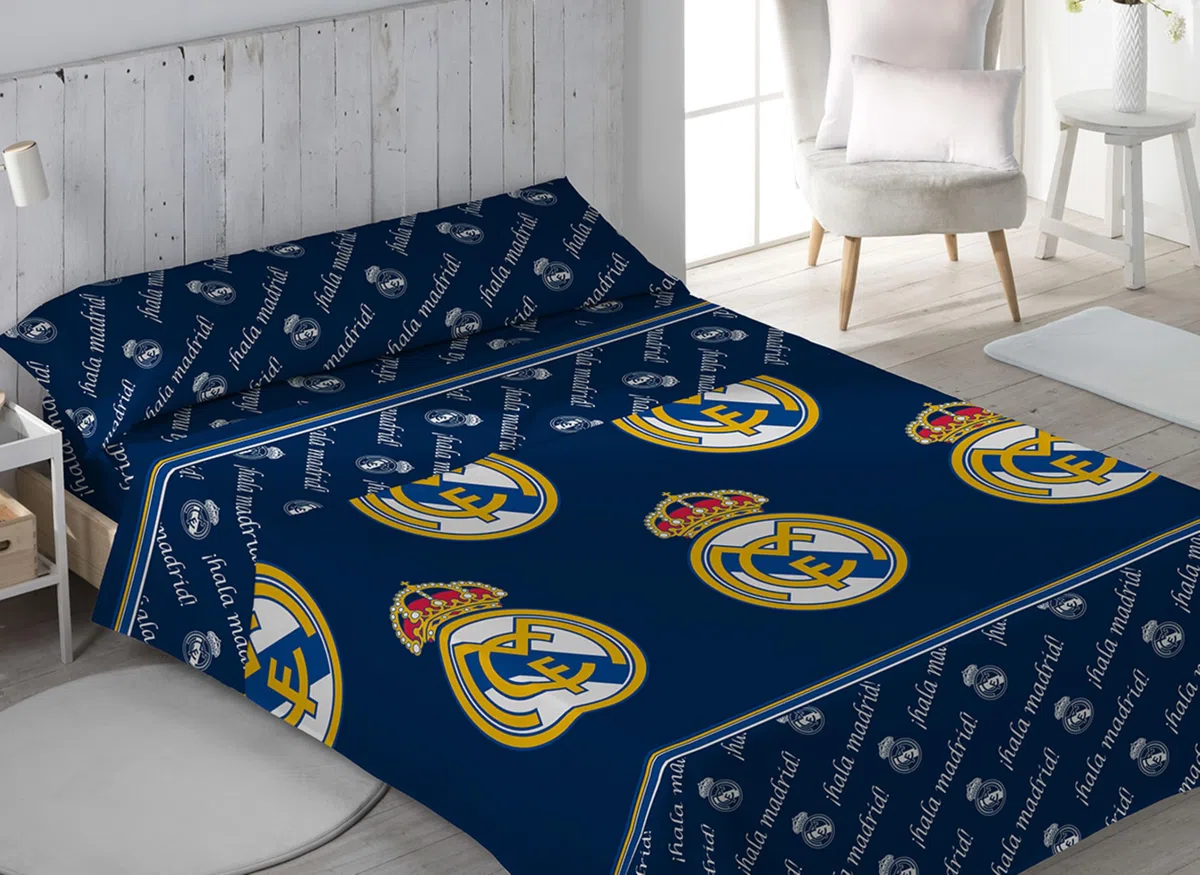Real Madrid Juego de Sábanas Oficial, 50% Algodón 50% Poliéster, para Cama de 90,105,135,150 (150)