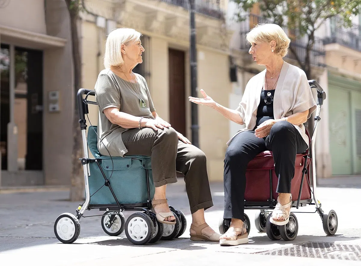 Carlett Andador y Carrito con Asiento Incorporado, Producto Médico Homologado EU, Manillar Regulable, Freno de Parking y Ruedas Ajustables 3 Posiciones, Robusto, Comfort Assist, Gris Claro
