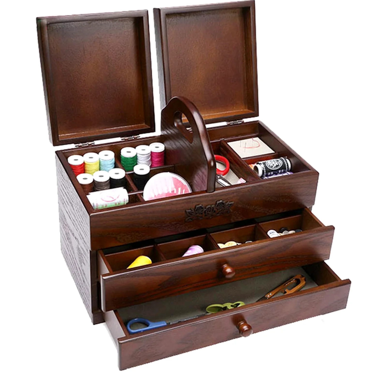 Caja de costura grande de madera con 2 cajones para el hogar y bordado, organizador y compartimento para herramientas para un fácil transporte, caja vacía