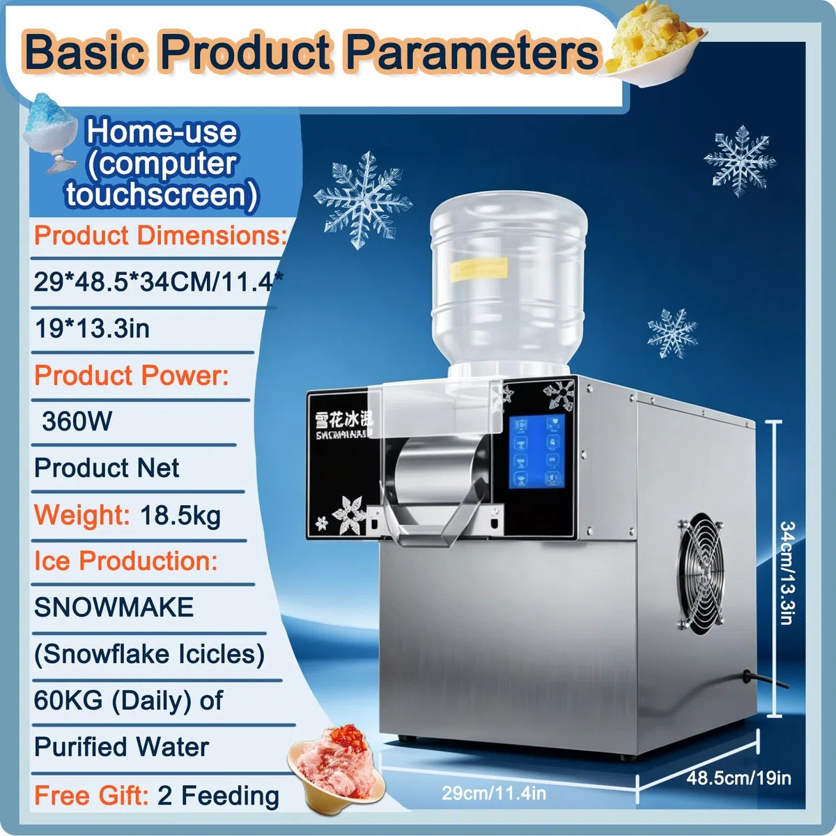Fabricador de Hielo Comercial en Escamas, Máquina Bingsu Compacta | 360W/750W, Raspadora Eléctrica , Fácil Limpieza Manual , Barra de Smoothies y Repostería(360W)