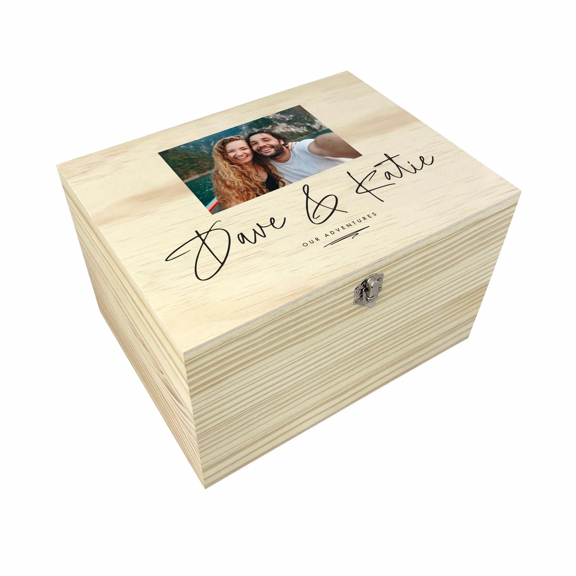 Caja de recuerdos personalizada con nombres de parejas, caja de recuerdos de madera de pino con bisagras y cierre, regalo de San Valentín, aniversario, boda, 30 x 22,9 x 18 cm