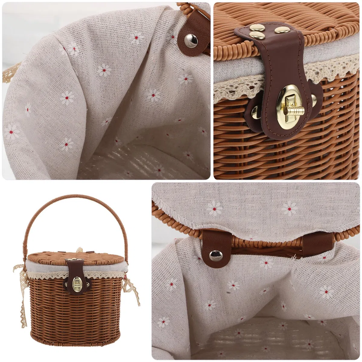 PRETYZOOM Cesta Tejida a Mano Pequeña con Tapa y Asas Forro de Tela Interior Cesta Decorativa Multiusos para Almacenamiento y Picnic y Cocina Estilo Rústico Natural