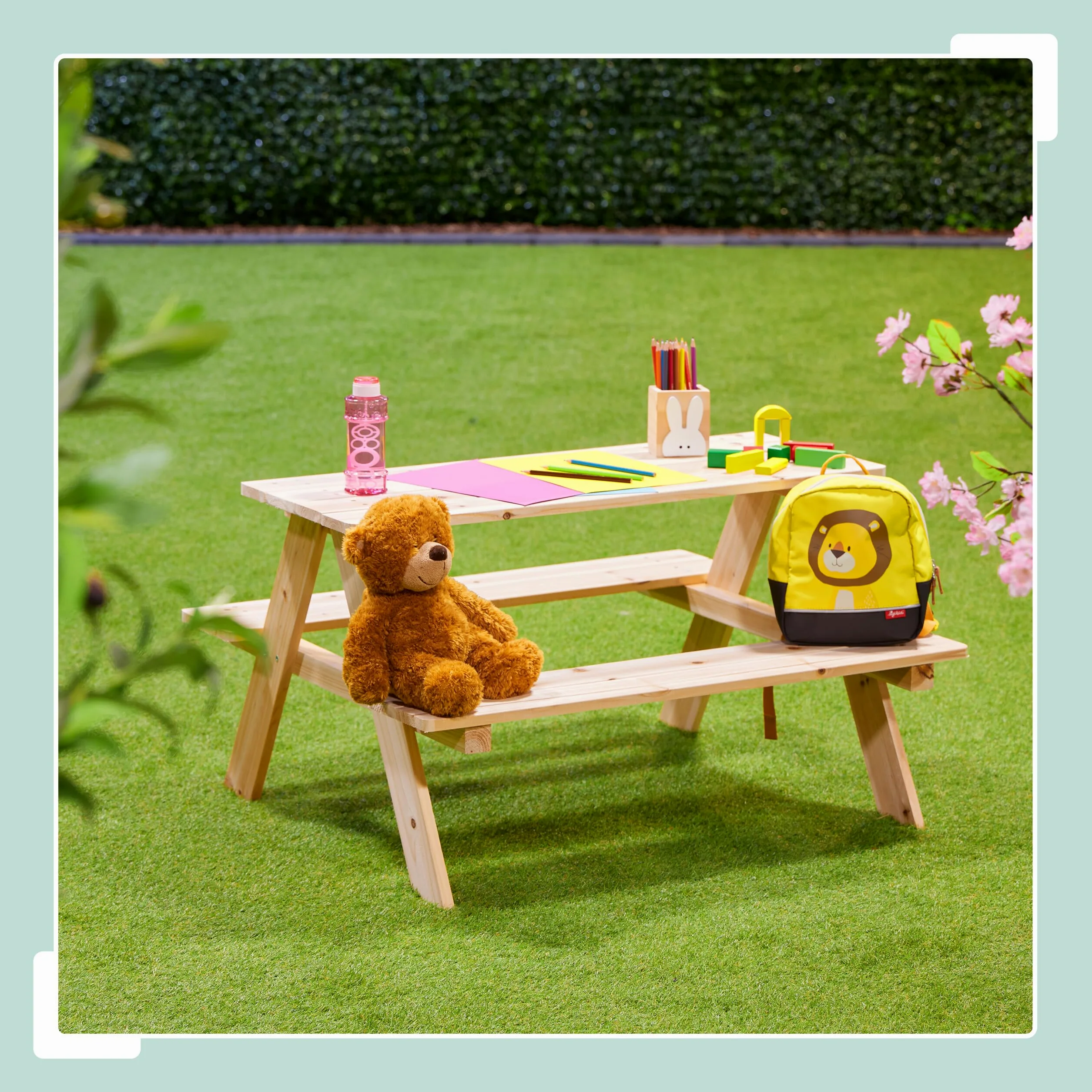Relaxdays Mesa Pícnic Infantil, Banco Jardín Niños, 51 x 90 x 78 cm, para Jugar, para 4 Infantes, Madera, Natural