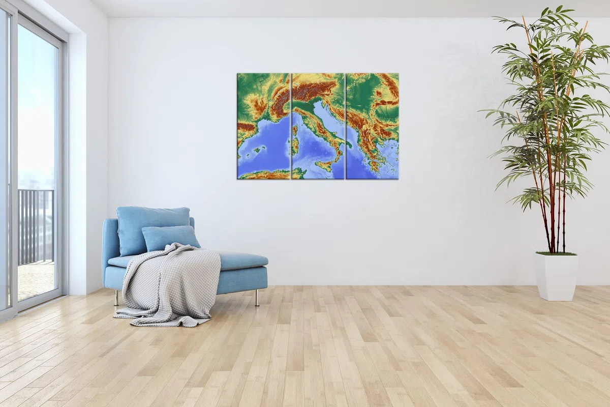 Mapa de los Alpes (Lienzo, Marco de Madera auténtica, impresión Digital Marco, sin póster ni Cartel), Dreiteilig (120x80)