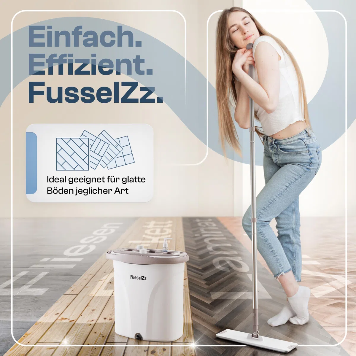 Juego de fregona con cubo – para cualquier suelo – innovador juego de limpieza de 3 cámaras con 3 niveles de secado y mango extendido, 5678120