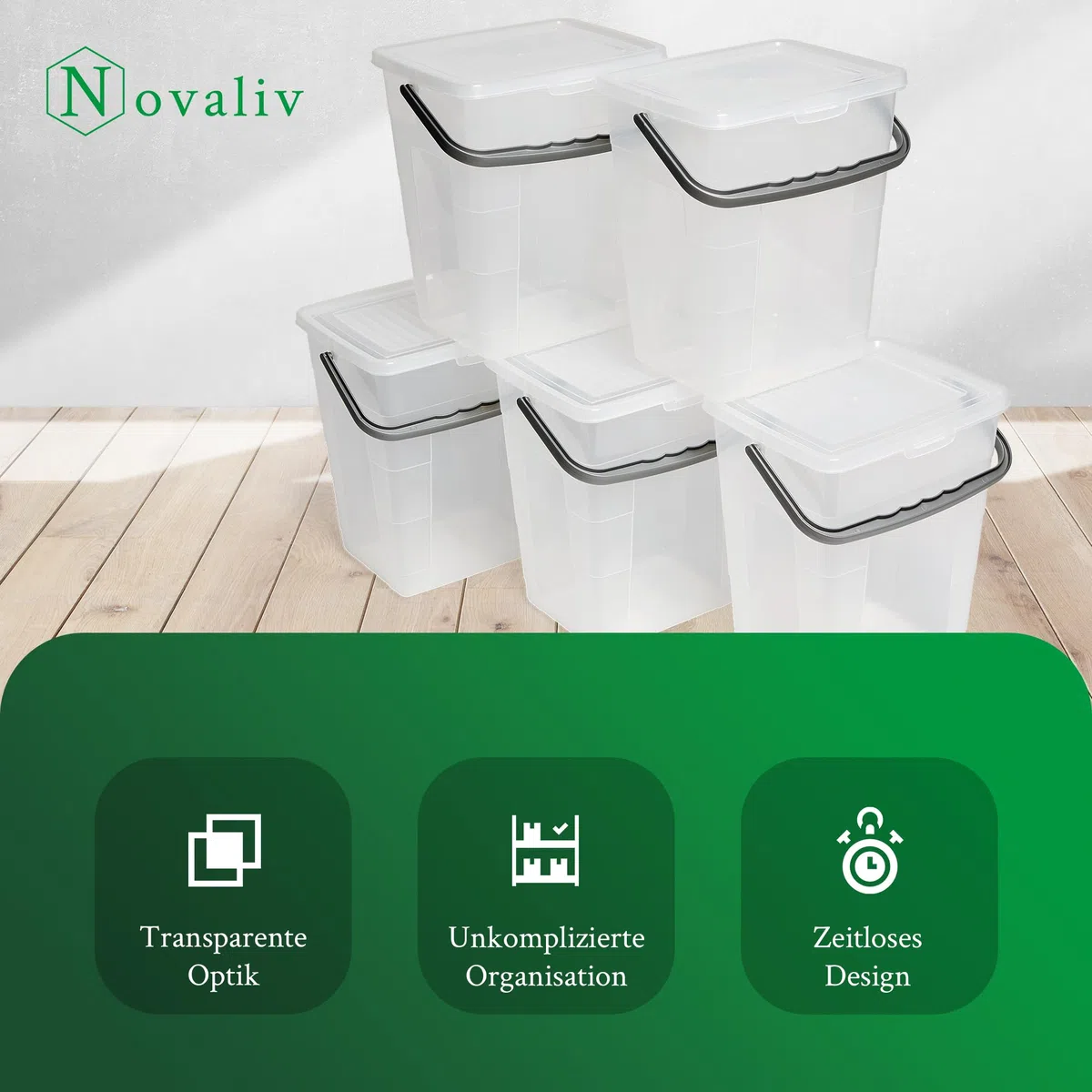 Novaliv 5 cajas de detergente con tapa de 7 litros, transparente, 23,5 x 18 x 26,5 cm, caja de almacenamiento en polvo con asa, para detergente y detergente