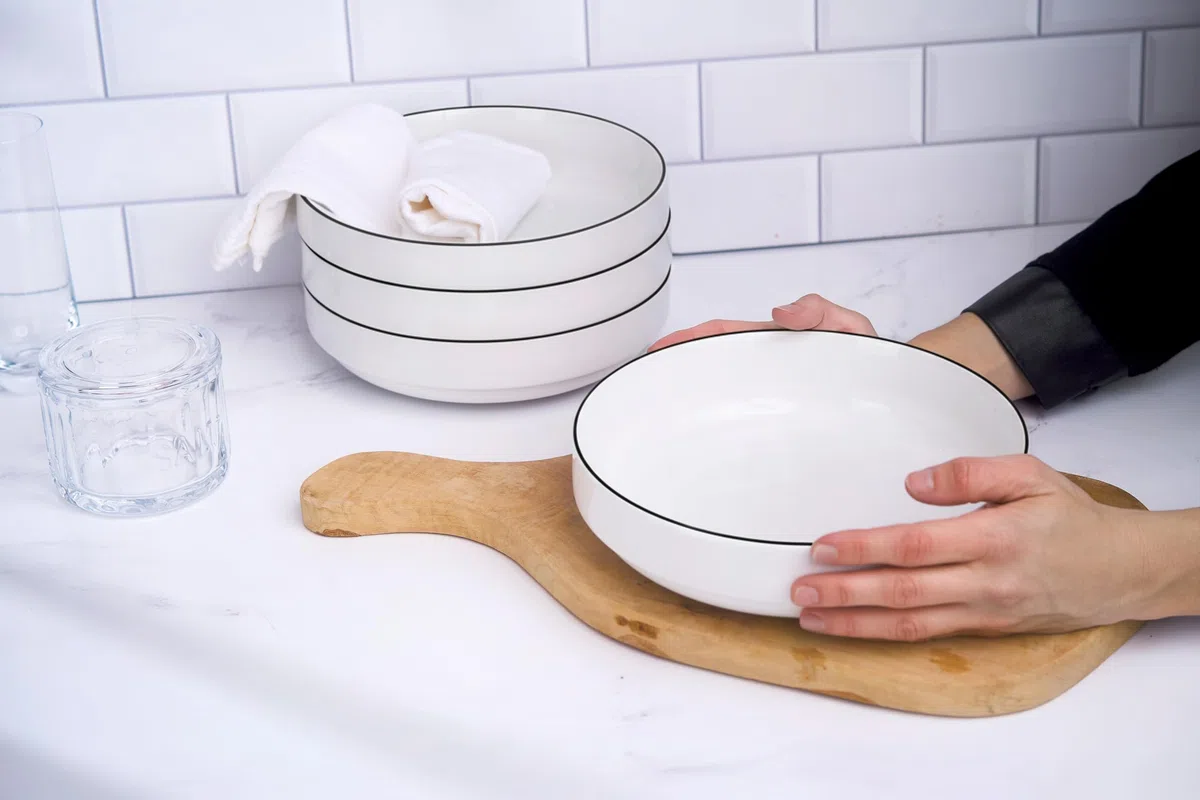 KooK Cuencos grandes de cerámica para pasta, aptos para microondas y lavavajillas, ideales para sopas y ensaladas, cuencos poco profundos, porcelana brillante, 48 onzas, juego de 4, francés