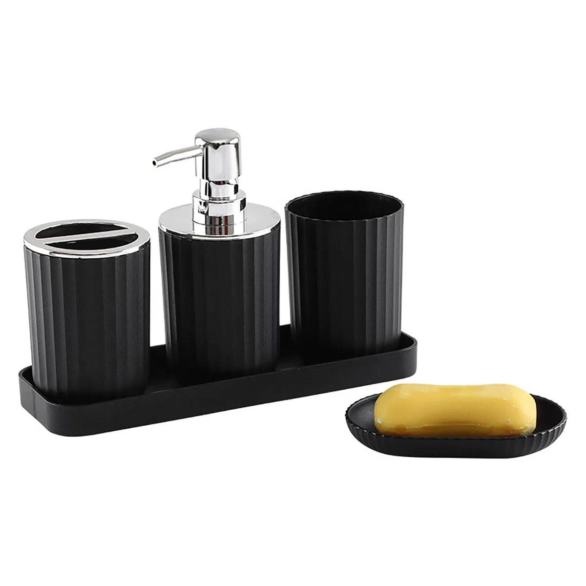 Juego de accesorios de baño de 5 piezas, dispensador de jabón, soporte para cepillo de dientes, vaso y jabonera con bandeja de bambú