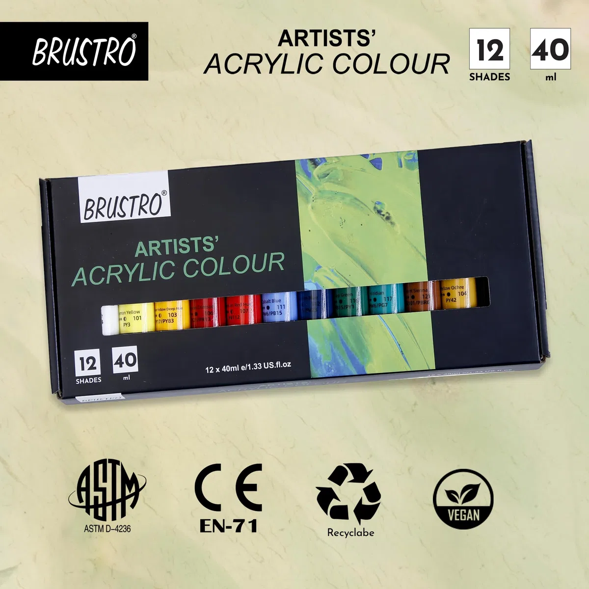 BRUSTRO Pintura acrílica de color para artistas, juego de 12 tubos de color de 40 ml, tonos vibrantes, cuerpo suave, a base de agua, no tóxica, mezclable, ideal para papel, lienzo, cartón, estudiantes