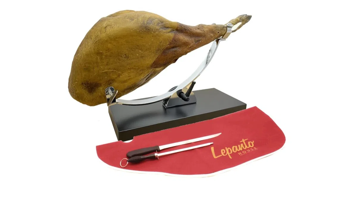 FERRETERIA LEPANTO Jamonero Basculante, Jamonero Serrano, Soporte jamonero basculante, jamonero Profesional mas Set de Corte LepantoHouse (Set Burdeo)