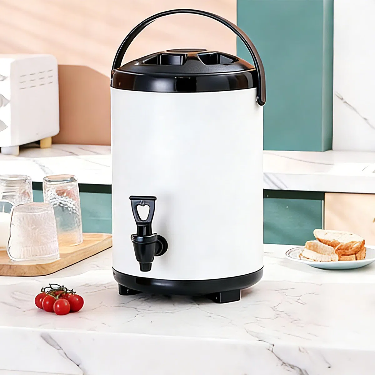 Dispensador de bebidas aislado, servidor de bebidas frías y calientes con espiga sin goteo, mango portátil, base de trípode para catering, fiestas, café, té