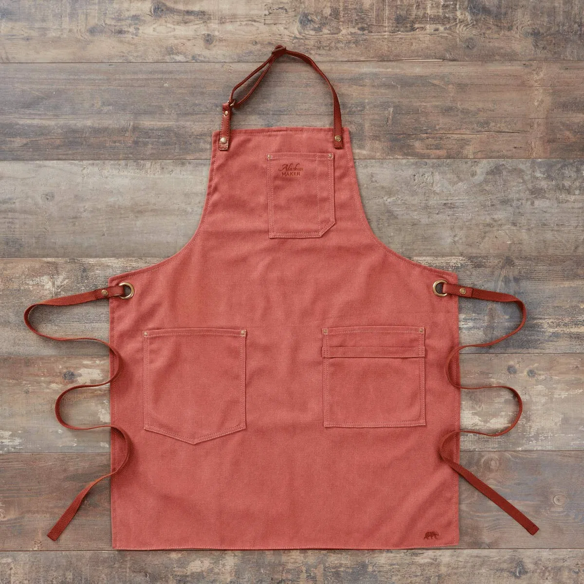 Alaskan Maker - Delantal de cocina de tela vintage y piel con múltiples bolsillos, n.º 325 – Enlaces de nudo, tamaño universal para hombres y mujeres, tierra de Siena, universal