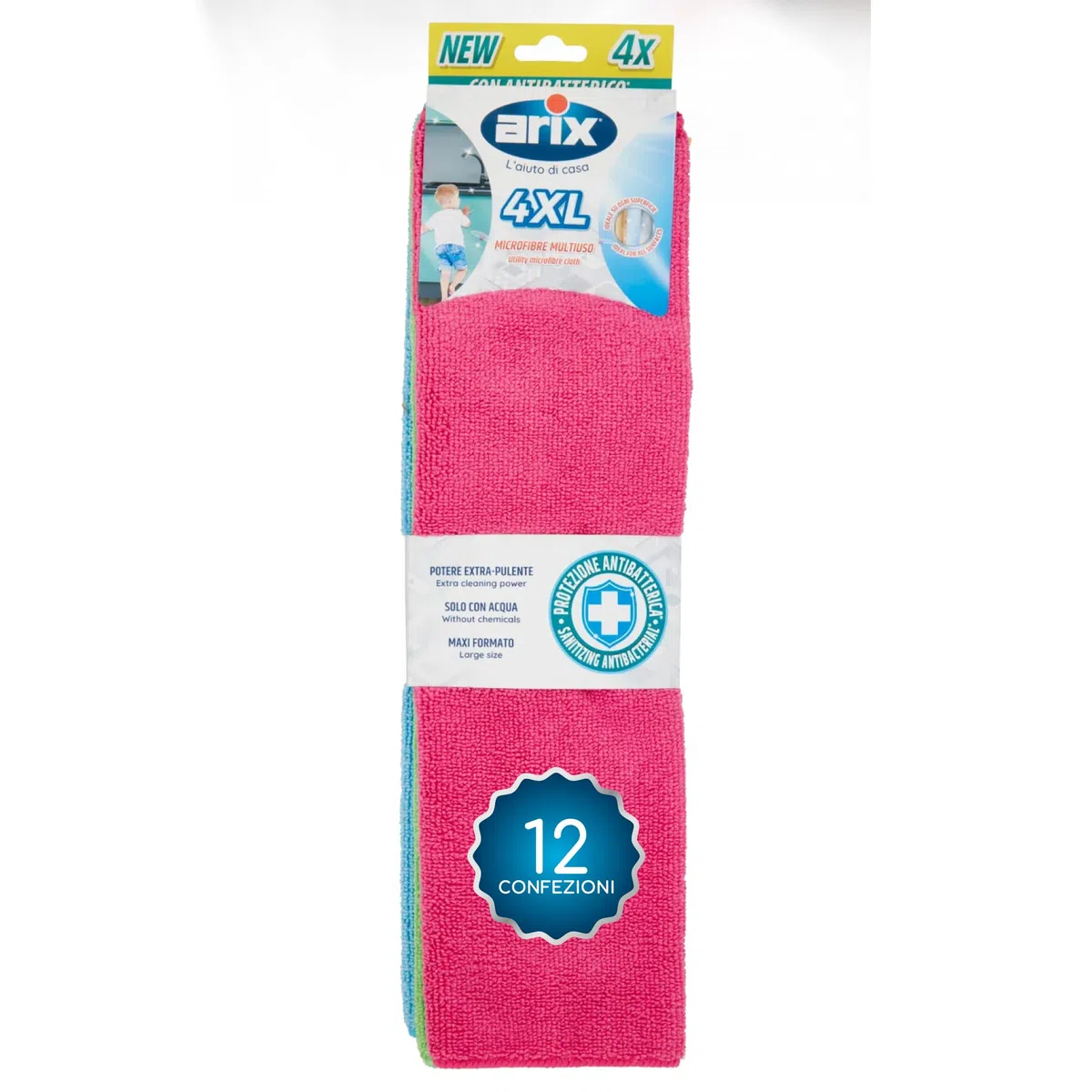 Arix | 48 microfibras XXL de Colores con Tratamiento Antibacteriano, 38 x 36 cm, paño de Microfibra Multiusos con Potencia Extra Limpia, Apto para Todas Las Superficies – 12 Paquetes