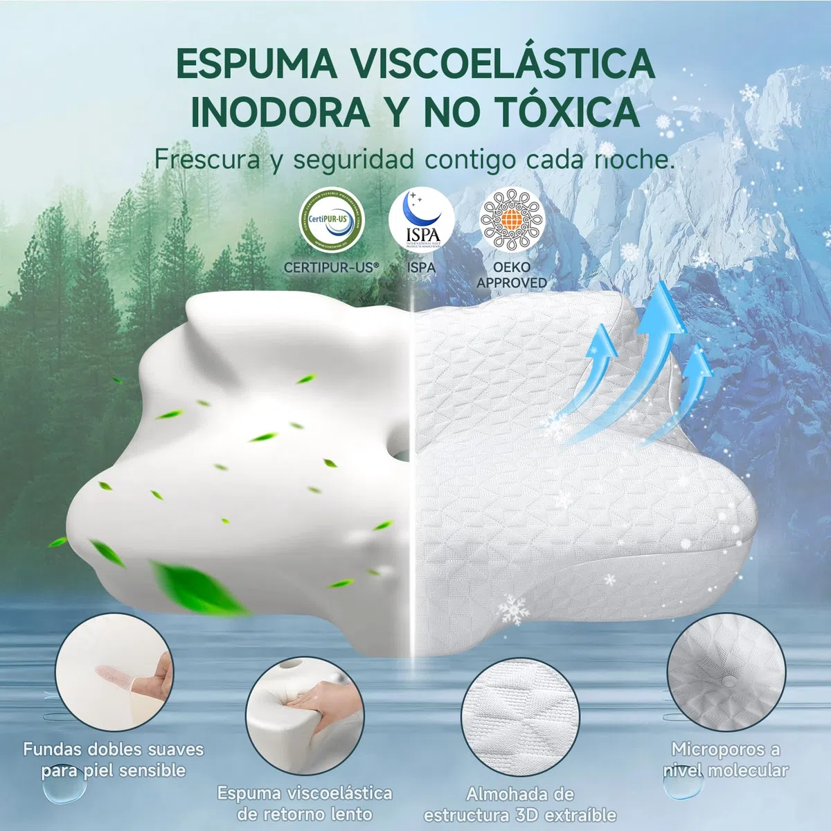 TESQ Almohada Cervical Ergonómica 2 en 1, Almohada de Espuma de Memoria con Altura Ajustable, Ideal para Dormir de Lado y Espalda, Funda Mezcla Nailon Poliéster Lavable, Tamaño 60 x 40 x 9 cm