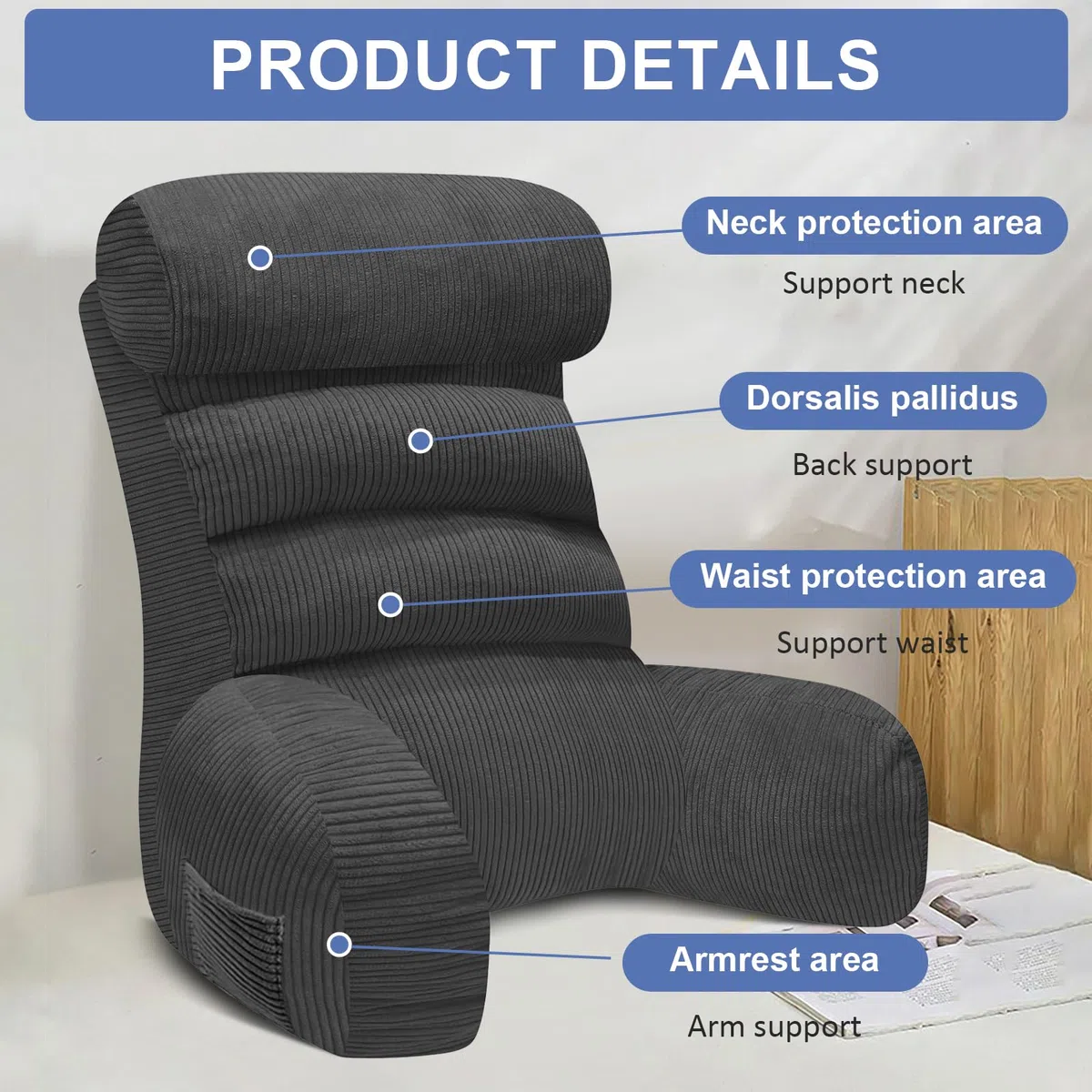 MeYuxg Cojín de lectura para cama y sofá con reposabrazos y soporte para el cuello desmontable, 60 x 35 cm, cojín de respaldo ajustable en altura, cojín de apoyo para la espalda para leer, ver la