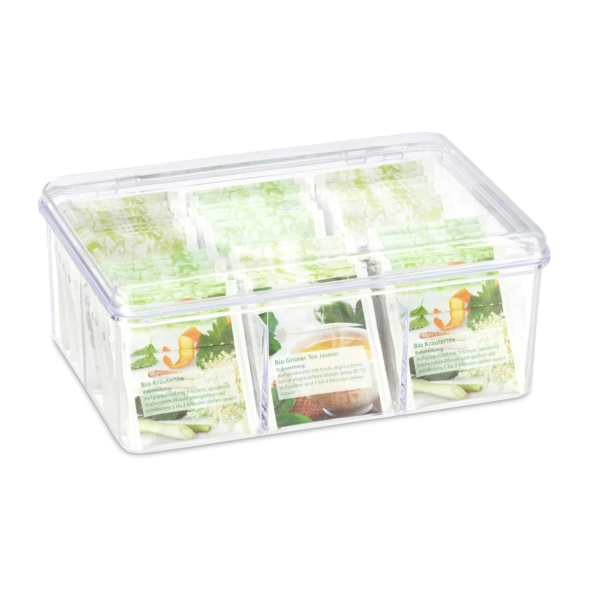 Relaxdays 8 Cajas para Té e Infusiones, 6 Compartimentos, Bote Para 90 Bolsitas, Tapa Abatible, 9 x 21,5 x 14,5 cm, Transparente