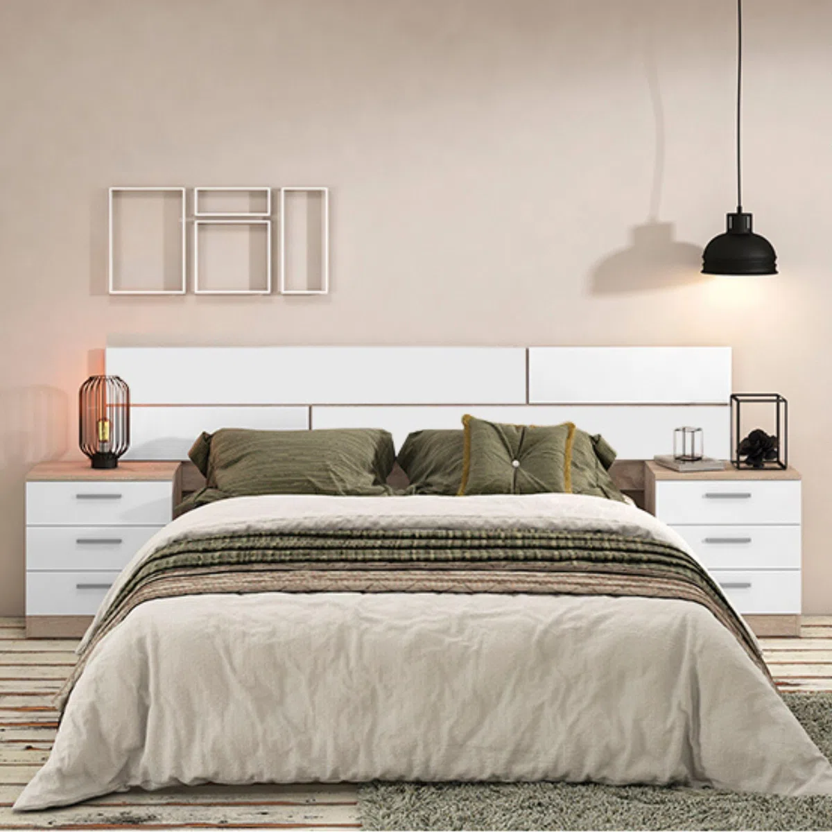 Pack Cabecero y 2 Mesitas de Noche, Dormitorio Doble, Dormitorio Completo, Acabado en Cambria y Blanco, 220 cm (An) x50 cm(Al) x 35 cm(Fon) - Meyvaser