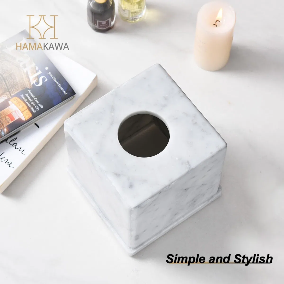 Portapañuelos de Mármol Natural Blanco Carrara, Caja Cuadrada 15x15x14.5 cm para Baño Moderno/Salón, Organizador de Pañuelos Pesado con Piedra Auténtica