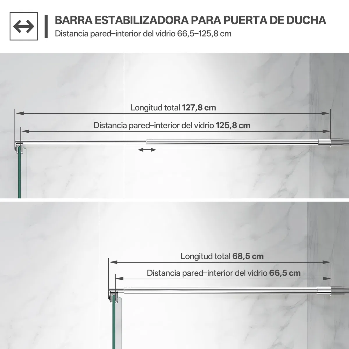 Barra de soporte telescópica de pared para mampara de ducha, ajustable de 68,5 a 127,8 cm (desde la pared hasta el borde interior del vidrio), para vidrio de 6-10 mm, cromo | Fabricado con acero inoxidable 304, adecuado para vidrio de 6-10 mm y permite un