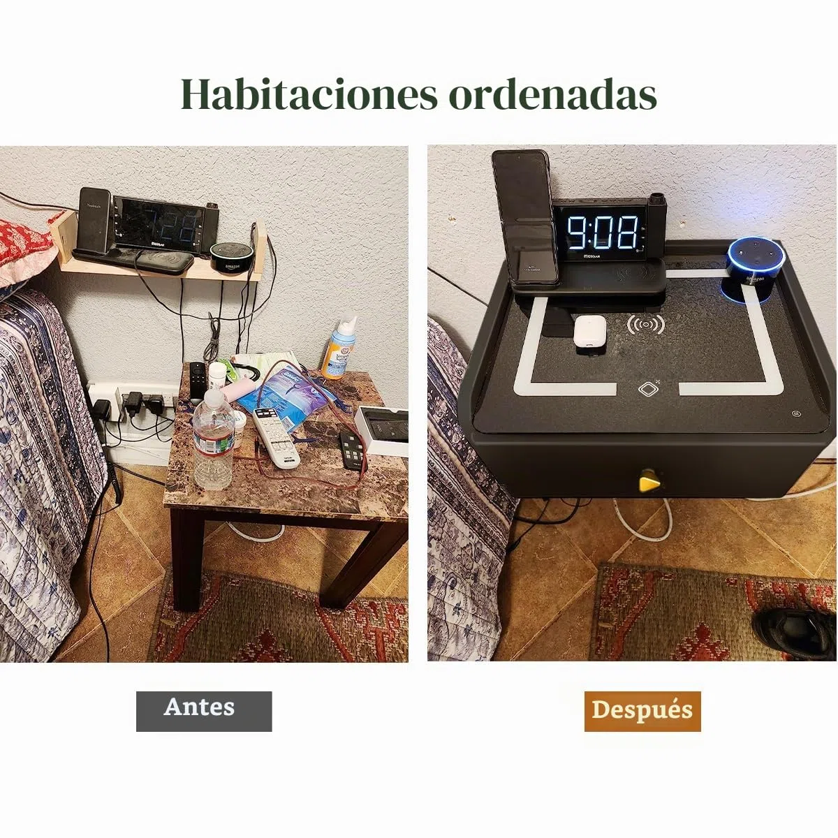 Mesita de noche colgante con estante de pared y cajón, opciones de muebles de dormitorio inteligentes para jóvenes adultos, negro