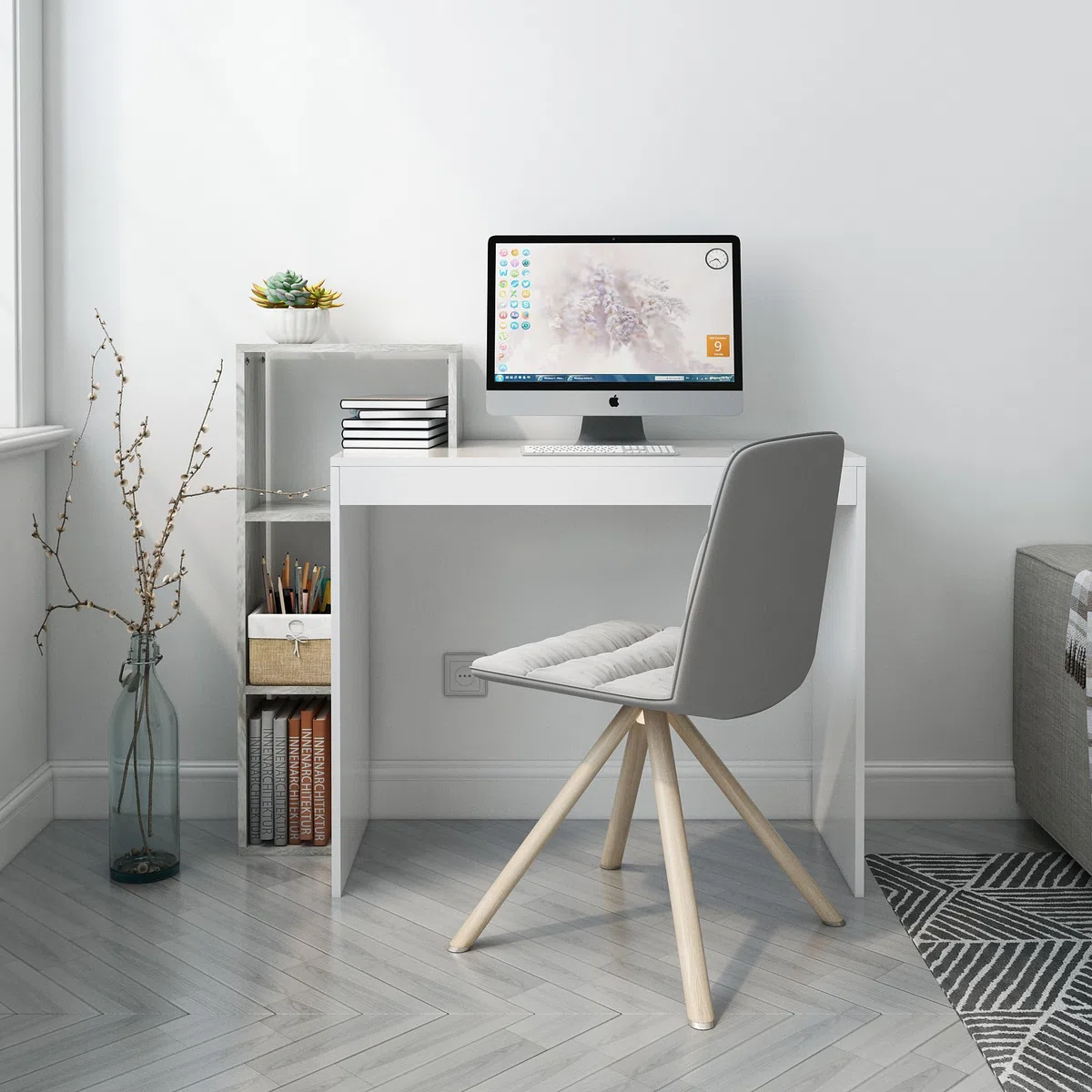 Mondeer Escritorio, Mesa de Ordenador con Estante de Almacenamiento de 3 Niveles, Ahorro de Espacio, para Oficina Estudio Estación de Trabajo, 110 x 40 x 92 cm, Blanco y Gris