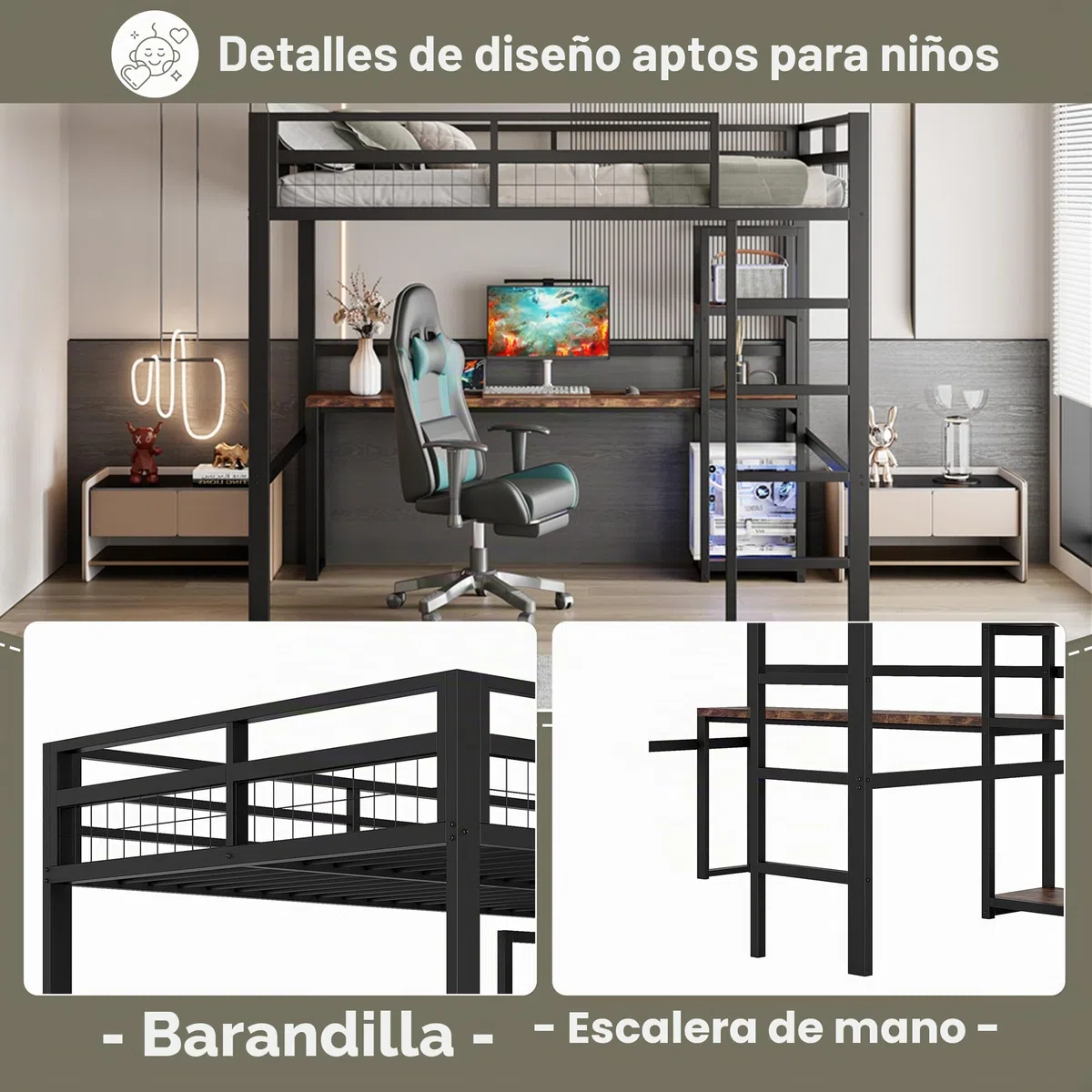 Dolamaní Cama alta para adultos, 140 x 200 cm, marco de cama de metal con enchufe, cama de metal con USB Type-C y varios estantes, capacidad de carga de 150 kg (negro)