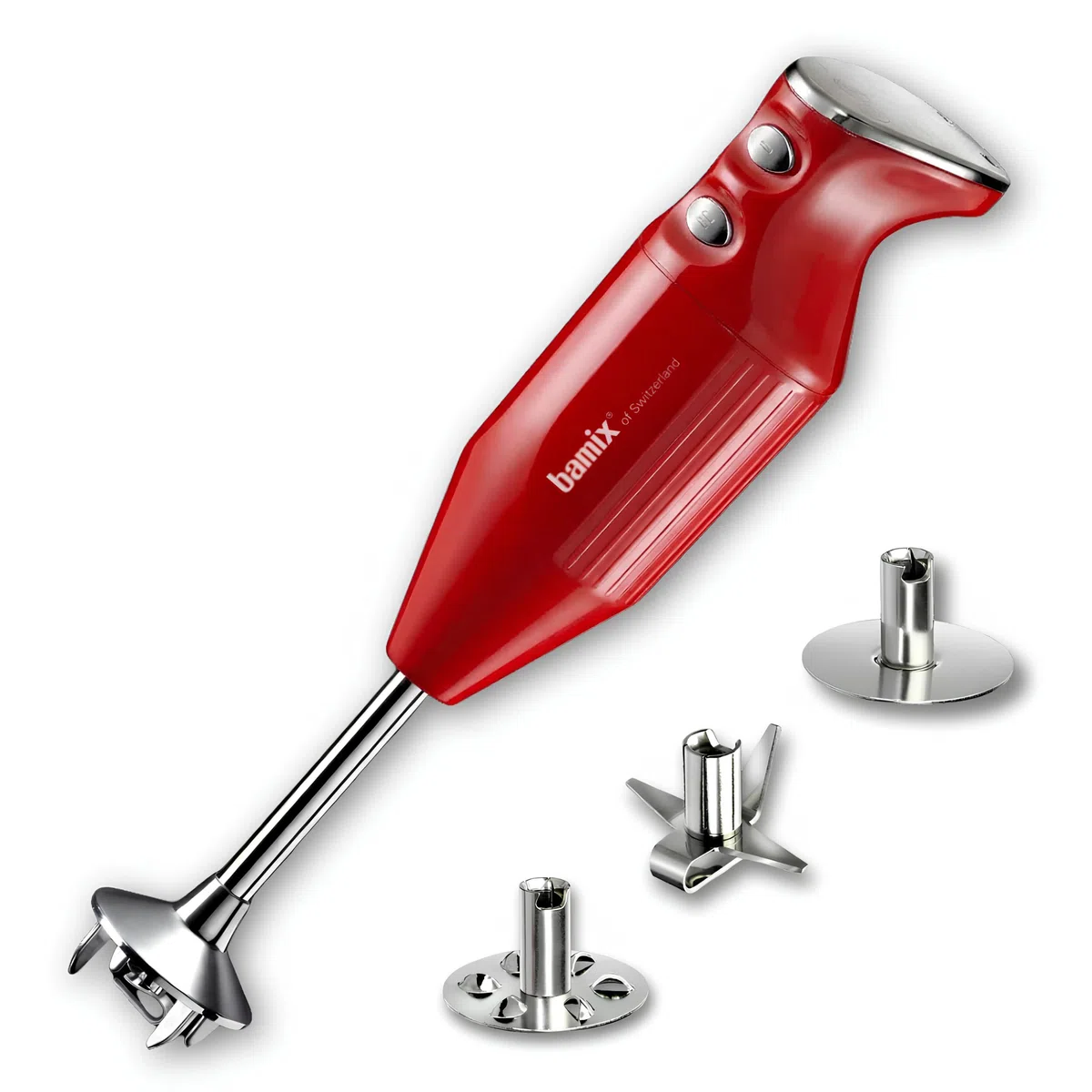 bamix Set de batidora de mano M250 PRIME con multicuchilla, Mezclador, Disco giratorio de acero inoxidable, 250 vatios, 2 velocidades, Made in Switzerland, Rojo/cromado