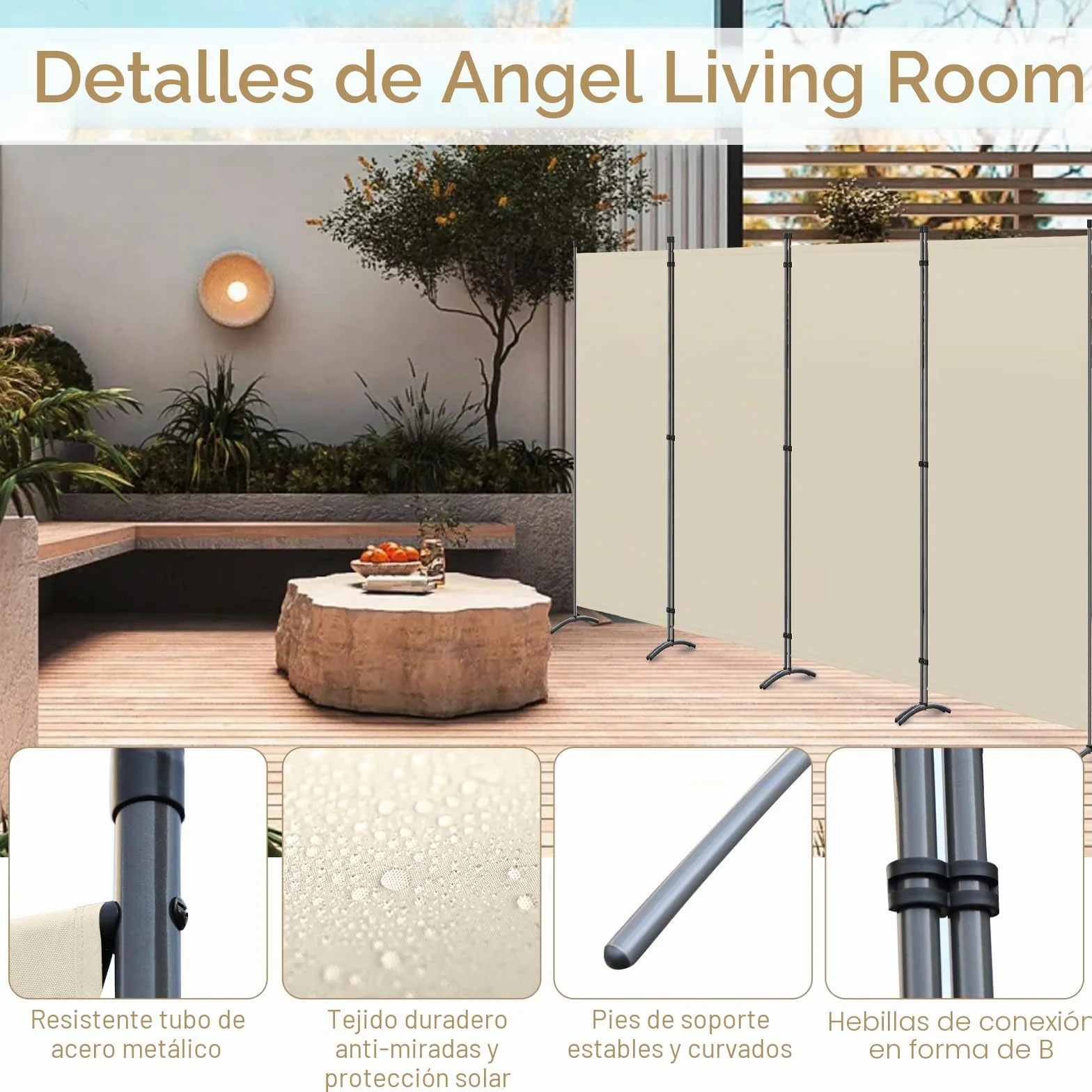 Angel Living Biombo Grande de 4 Paneles, Decoración Elegante, Separador de Ambientes Plegable, Divisor de Habitaciones, 324x169 cm (Beige)