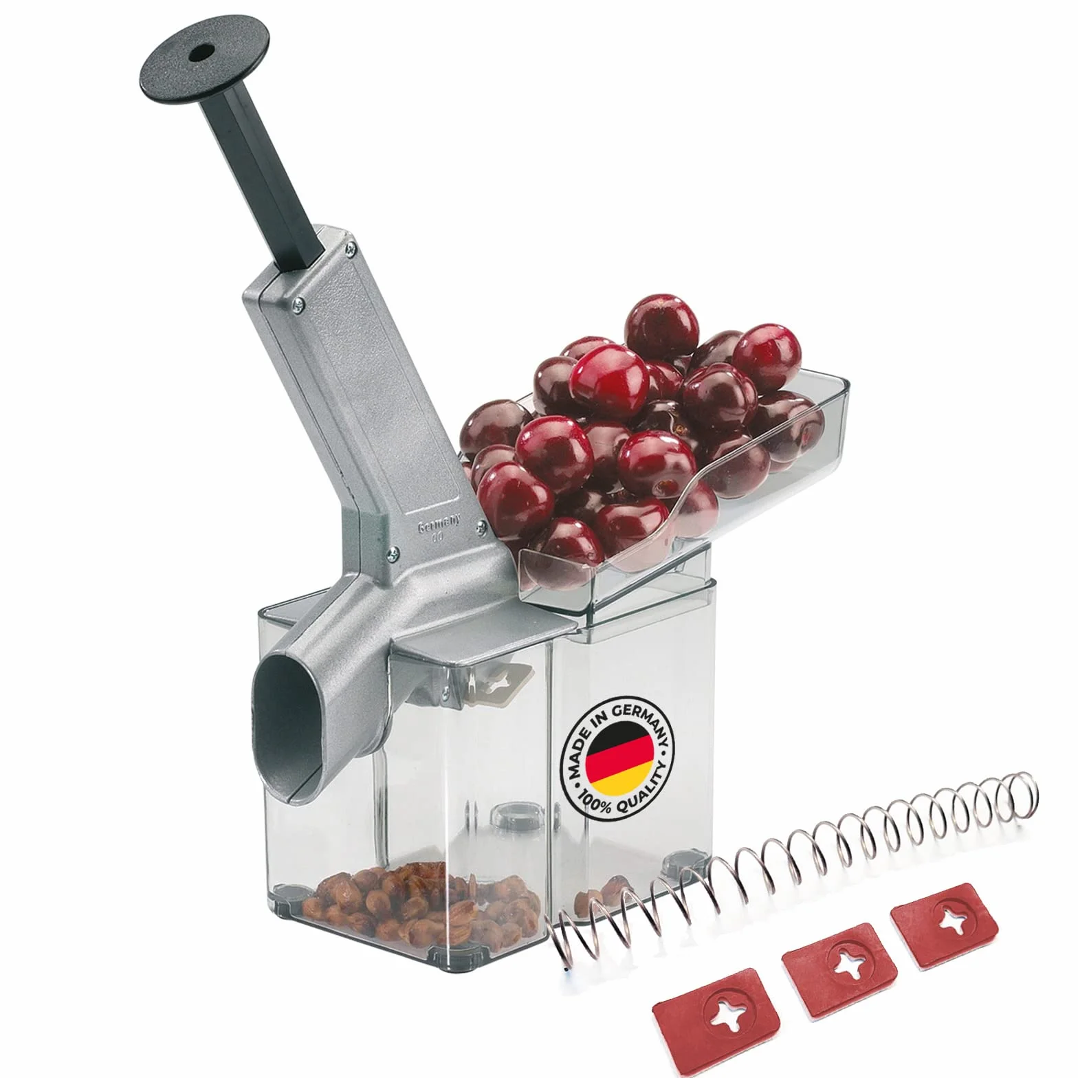 Westmark Descorazonadora de cerezas con tolva y caja grande, Set que incluye piezas de repuesto, 4 piezas, Plástico/acero inoxidable/aluminio, Kirschomat, Plateado/Negro/Transparente, 407022E6
