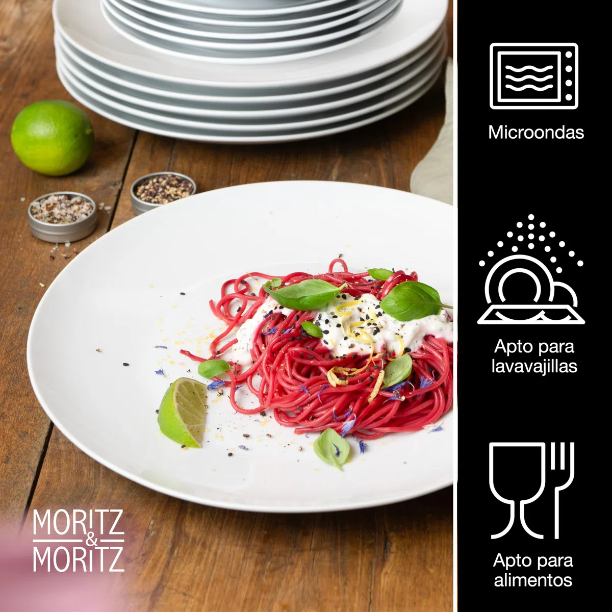 Moritz & Moritz BASIC Set da 18 pezzi - de Porcelana en Blanco Clásico - Compuesta por 6 Platos Llanos, 6 Platos de Postre y 6 Cuencos