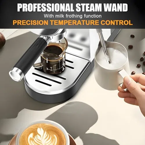 Cafetera Espresso semiautomática con vaporizador de Leche, Alta presión de 20 Bares, depósito de Agua de 900 ml y función para Preparar Capuchino.