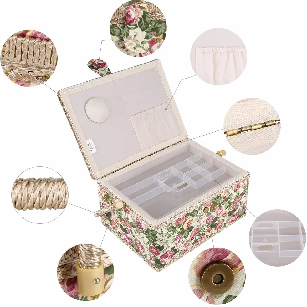 Cesta De Costura para Suministros De Costura, Caja De Artesanía De Costura con Estampado Floral De Tela con Asa, Organizador De Almacenamiento De Kit De Costura para El Hogar