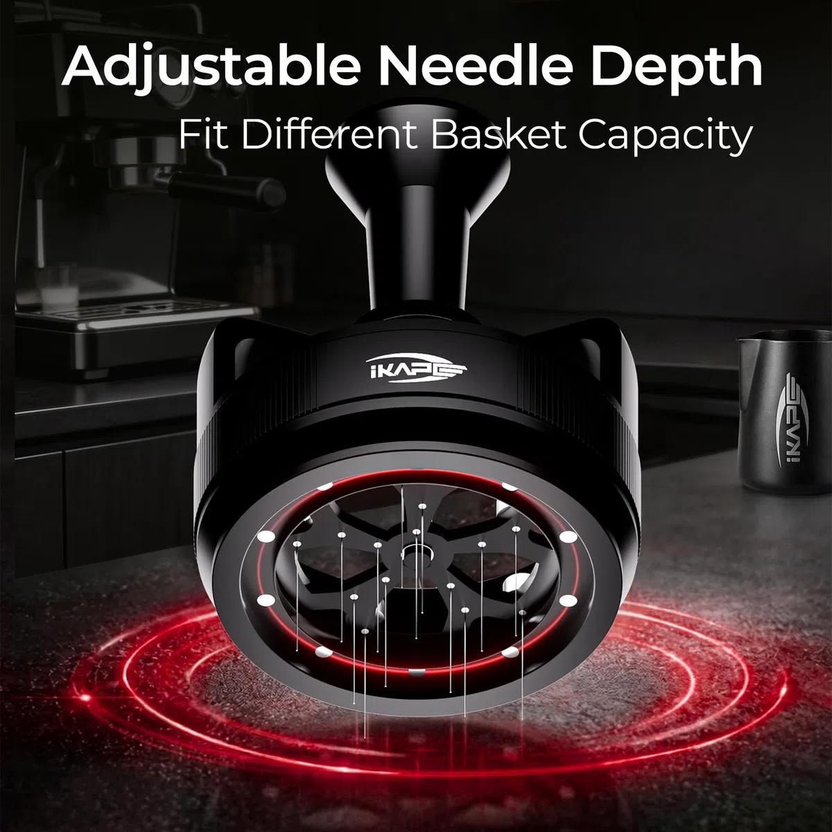 IKAPE Herramienta WDT de 58 mm para espresso, herramienta de distribución de 0,25 mm con 14 agujas, rotación automática de un botón y profundidad ajustable, base magnética, agitador de espresso
