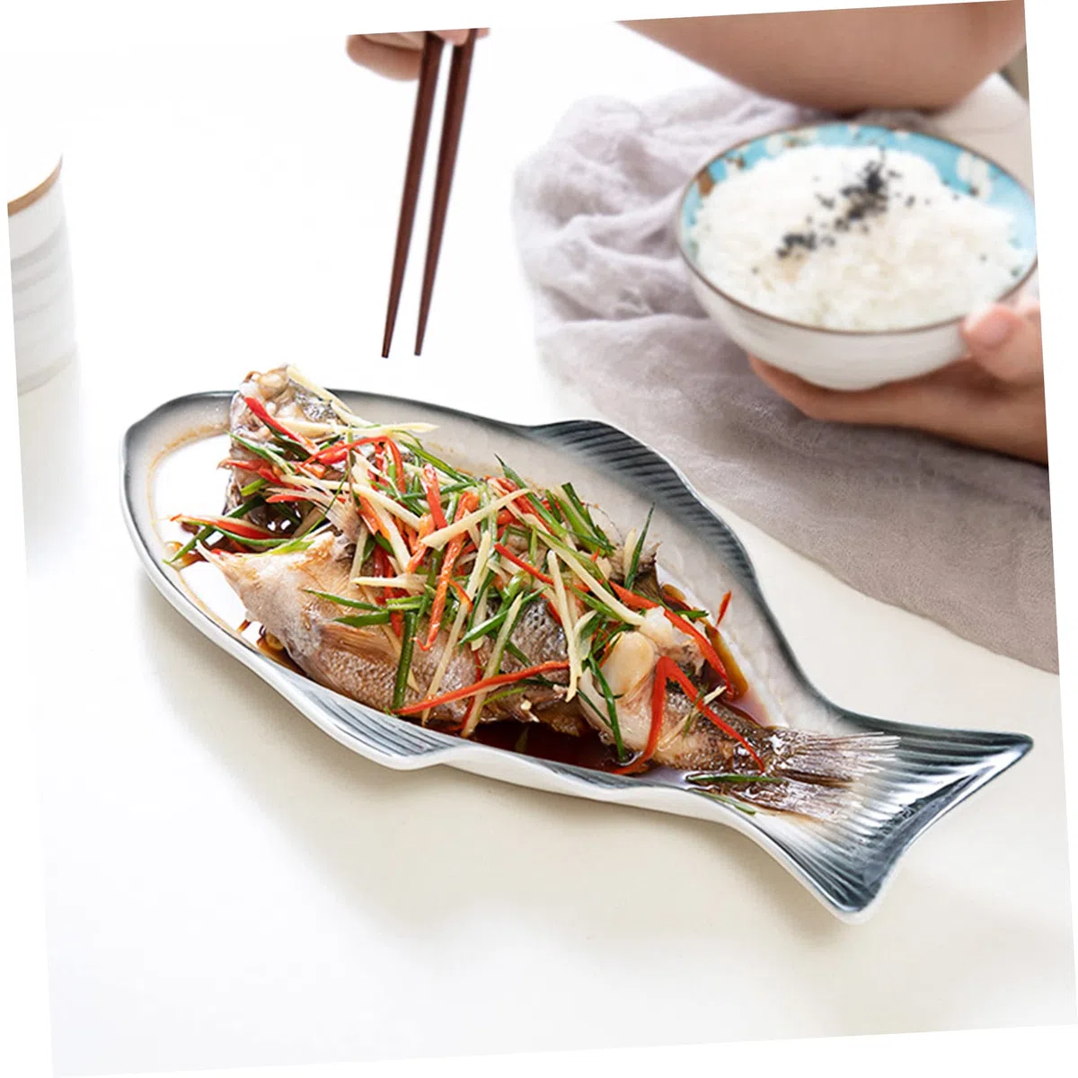 IMIKEYA Bandeja de Cerámica para Pescado al Vapor Diseño en Forma de Pez, Elegante y Delicada para Servir Aperitivos y Mariscos en Cenas