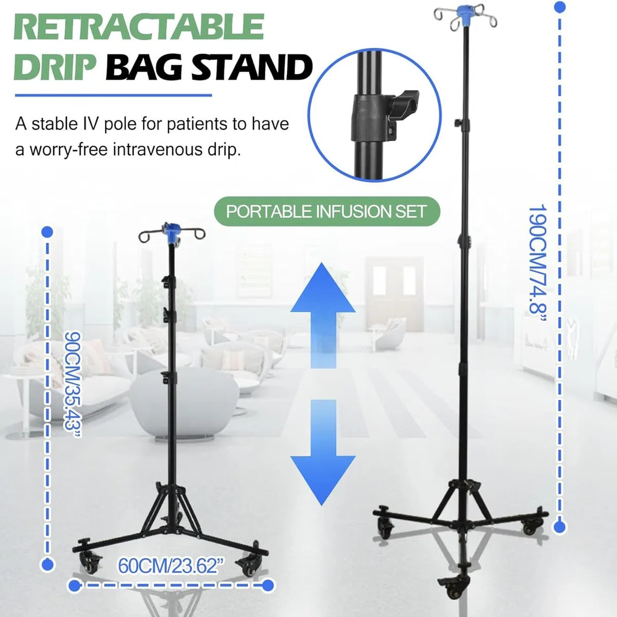 Pie de portátil Equipo de Cama de Enfermería con Ruedas | Soporte IV De Cabecera Con Gancho Para Botella Para Hogar Cama Viaje Exterior Interior Cuidado Diario Paciente Ancianos
