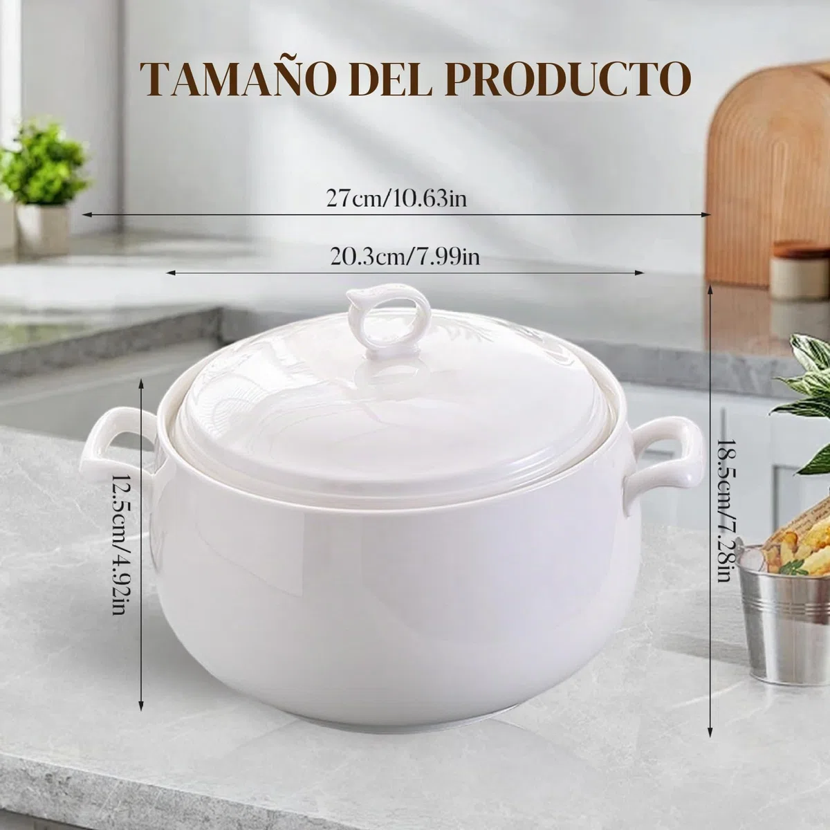 Sopa tureen 3000ml de cerámica redonda para servir tazones con tapas de sopa resistentes al calor con manijas seguros para microondas para la cocina del hogar del restaurante, con manijas